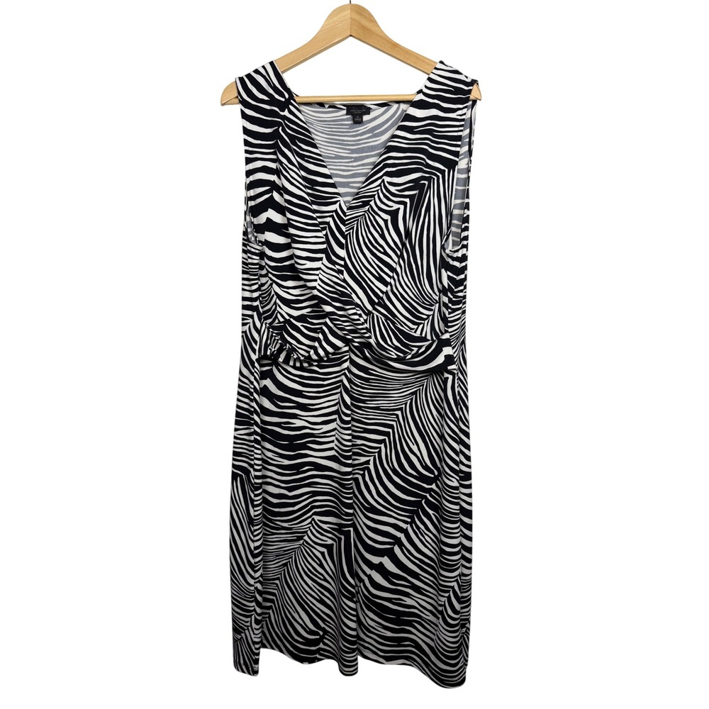 Ann Taylor Factory Sheath Dress Womens XL Black White Zebra Print Ruched V-Neck